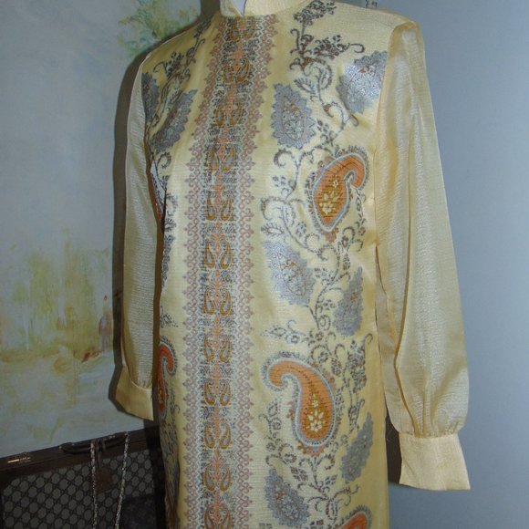 Vintage 60s 70s Alfred Shaheen Kaftan Long Sleeve Yellow Hawaiian Maxi Dress 10 - Picture 3 of 15